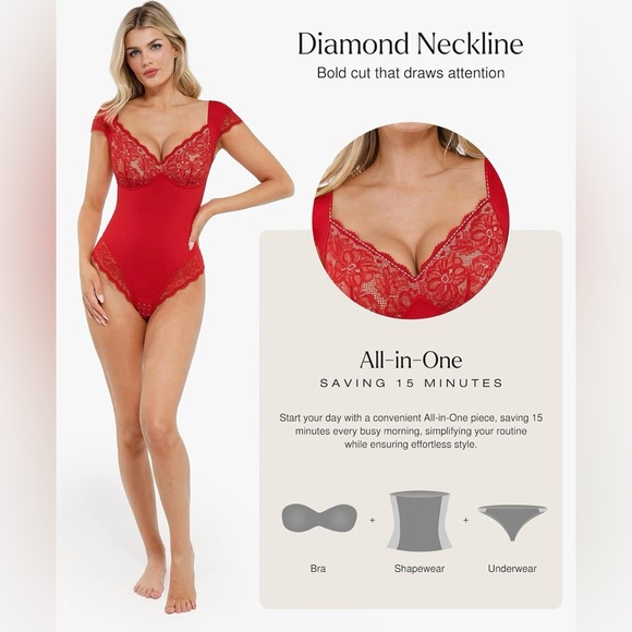 Popilush Shapewear Bodysuit Tummy Control Lace Tops V Neck - Picture 3 of 9